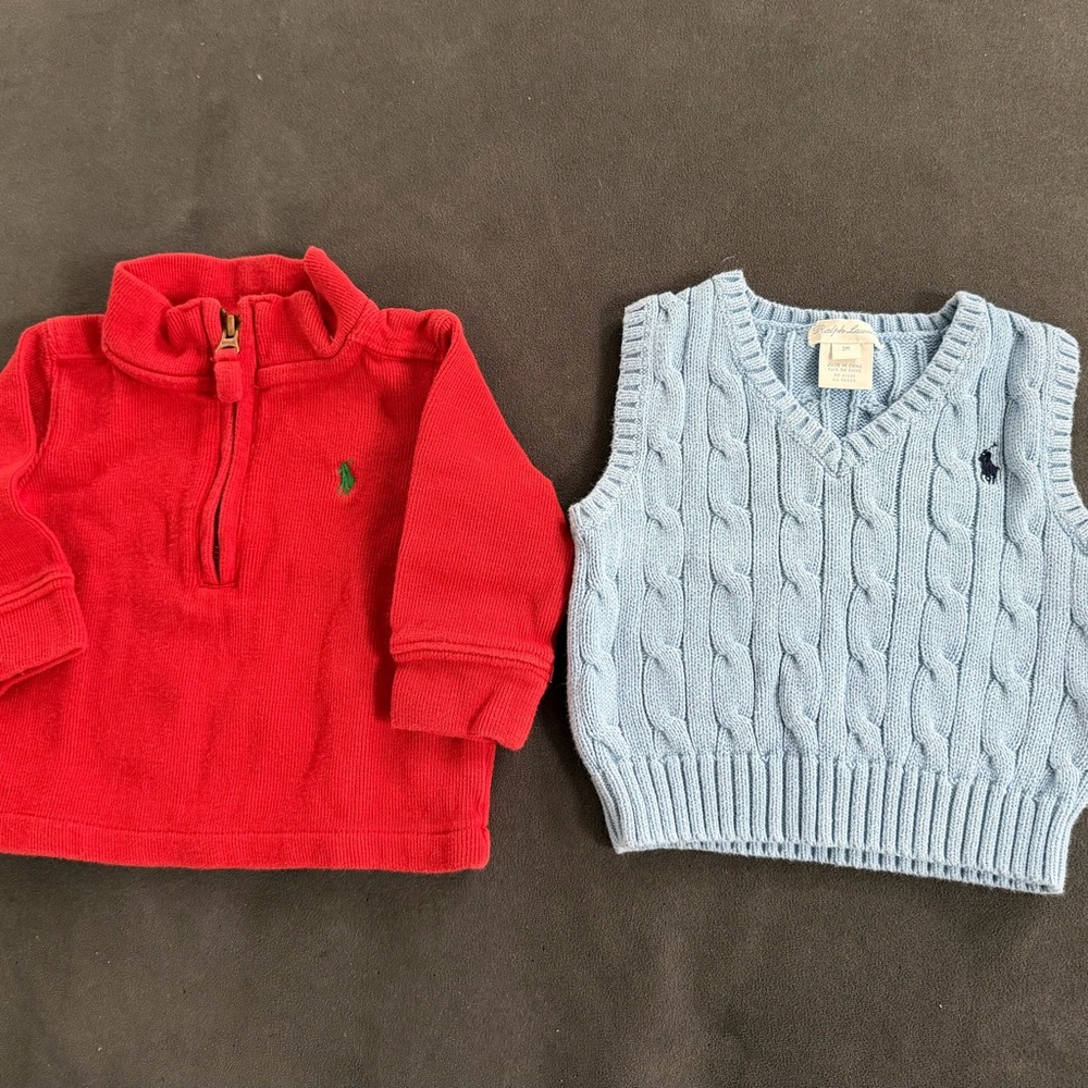 Ralph Lauren Red Half-Zip Pullover & Light Blue Cable Knit Vest - Kids Duo